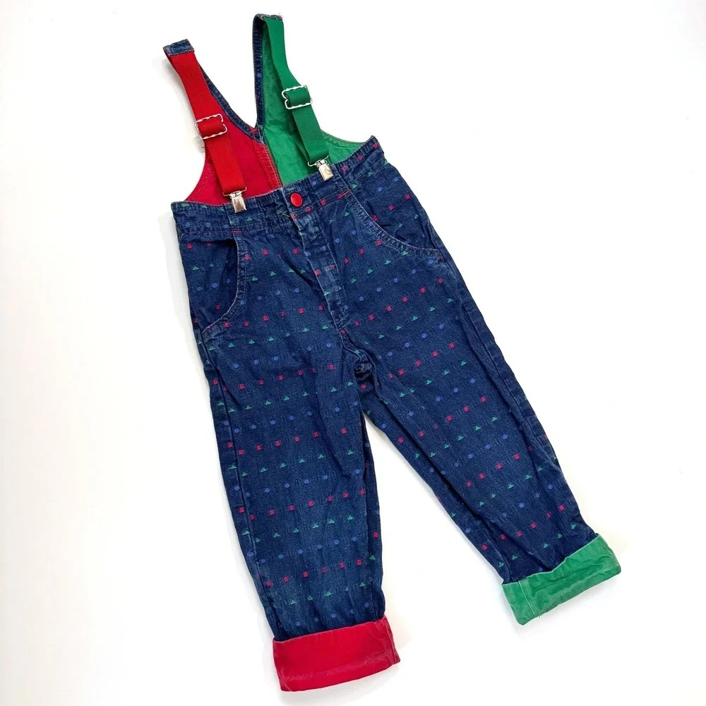 VTG 90s OshKosh Vestbak Suspender Overalls Geometric Shape Colorblock‎ USA 4T